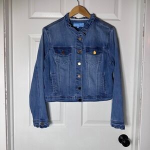 Draper James RSVP Womens Ruffle Neck Denim Jacket Blue Medium Wash Gold Button L